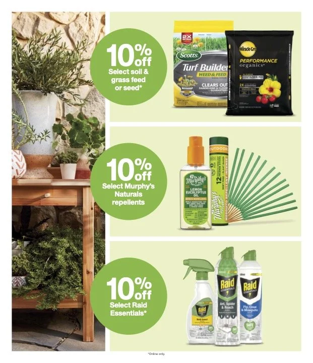 Promotion flyer showing 10% discounts on select gardening and pest control products, including soil and grass feed, natural repellents, and bug sprays.