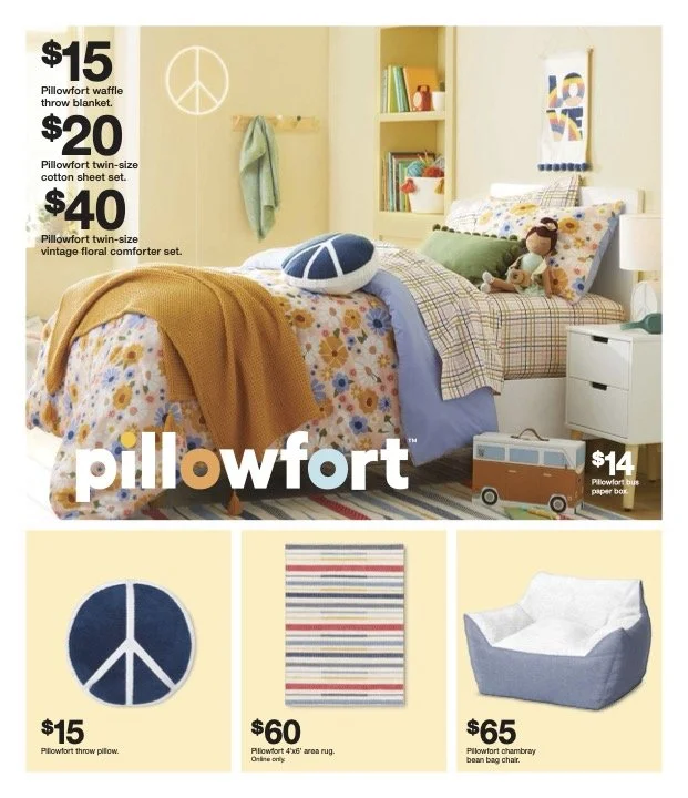 A bedroom decorated with colorful bedding, toys, and books. Text advertising various Pillowfort brand products, including a waffle throw blanket, twin-size pillow sheet set, vintage floral comforter set, a pillow, a striped rug, and a bean bag chair.