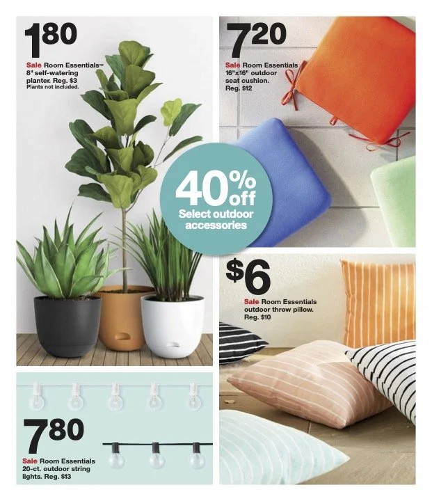 Indoor and outdoor household items on sale, including potted plants, outdoor cushions, string lights, thrown pillows, and a circular sign indicating 40% off outdoor accessories.