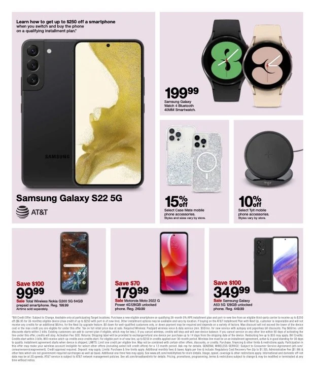 Advertisement featuring Samsung electronics including Galaxy S22 5G smartphone, Galaxy Watch 4, Galaxy Watch 5, and Galaxy A52 5G, with discount offers on accessories and other smartphones.