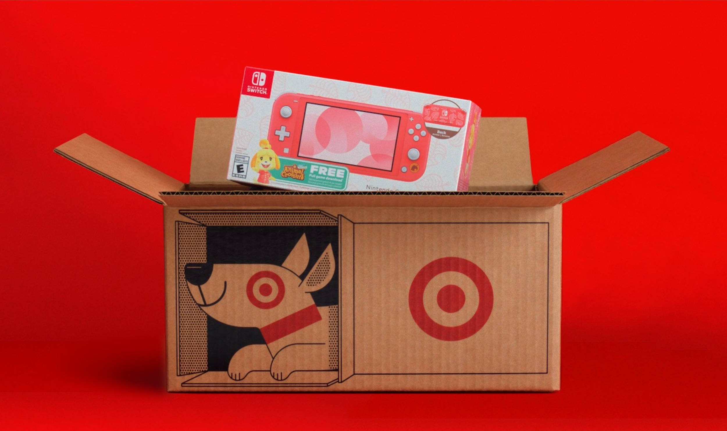 A Target cardboard box with a Nintendo Switch Animal Crossing themed handheld console in the box, set against a red background.