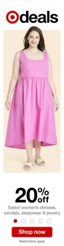 Advertisement for Target Deals featuring a smiling woman in a pink sleeveless dress. The ad offers 20% off on selected women's dresses, sandals, sleepwear, and jewelry, with a red 'Shop now' button.