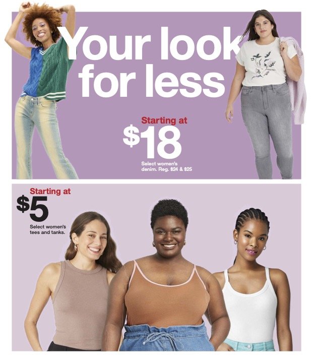 Advertisement featuring diverse women modeling casual clothing, with text promoting women's fashion starting at prices of $5 and $18.