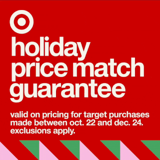 Target holiday price match guarantee flyer with red background, white text, and red and green striped accents.