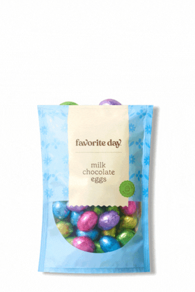 A bag of Favorite Day milk chocolate eggs in pastel colors, with a clear window showing the candies inside.