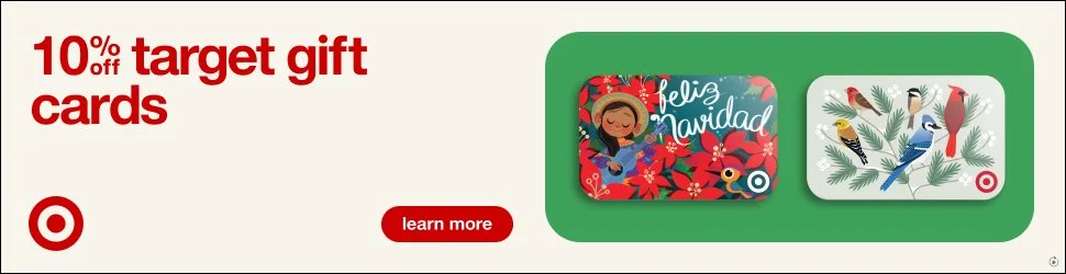 Target advertisement offering 10% off holiday gift cards, featuring Christmas-themed gift card designs with festive artwork and a red 'learn more' button.