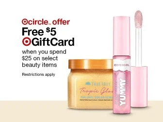Target advertisement for a free $5 gift card with a $25 purchase of select beauty items, featuring a jar of moisturizer and a pink lipstick.