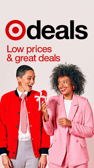 Two women smiling and holding a wrapped gift, standing next to a Target logo with text that says 'deals' and 'Low prices & great deals'.