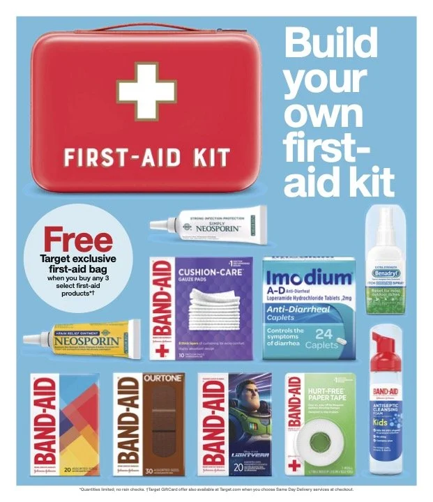 A build-your-own first-aid kit including various first aid supplies with a promotion for a free exclusive first-aid bag.