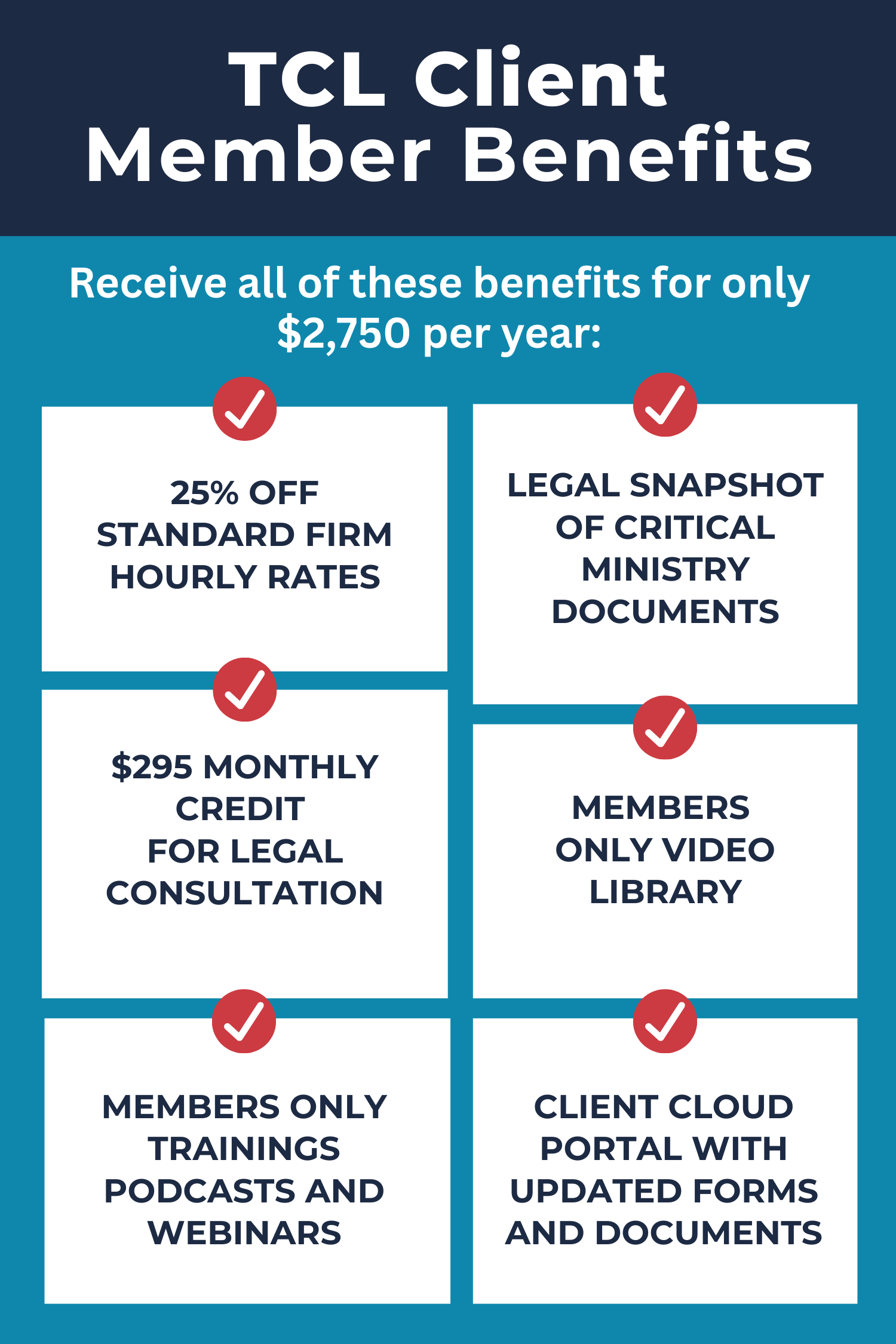 Graphic listing benefits of TCL Client Membership, including discounts, legal access, training podcasts, exclusive videos, and client portal.