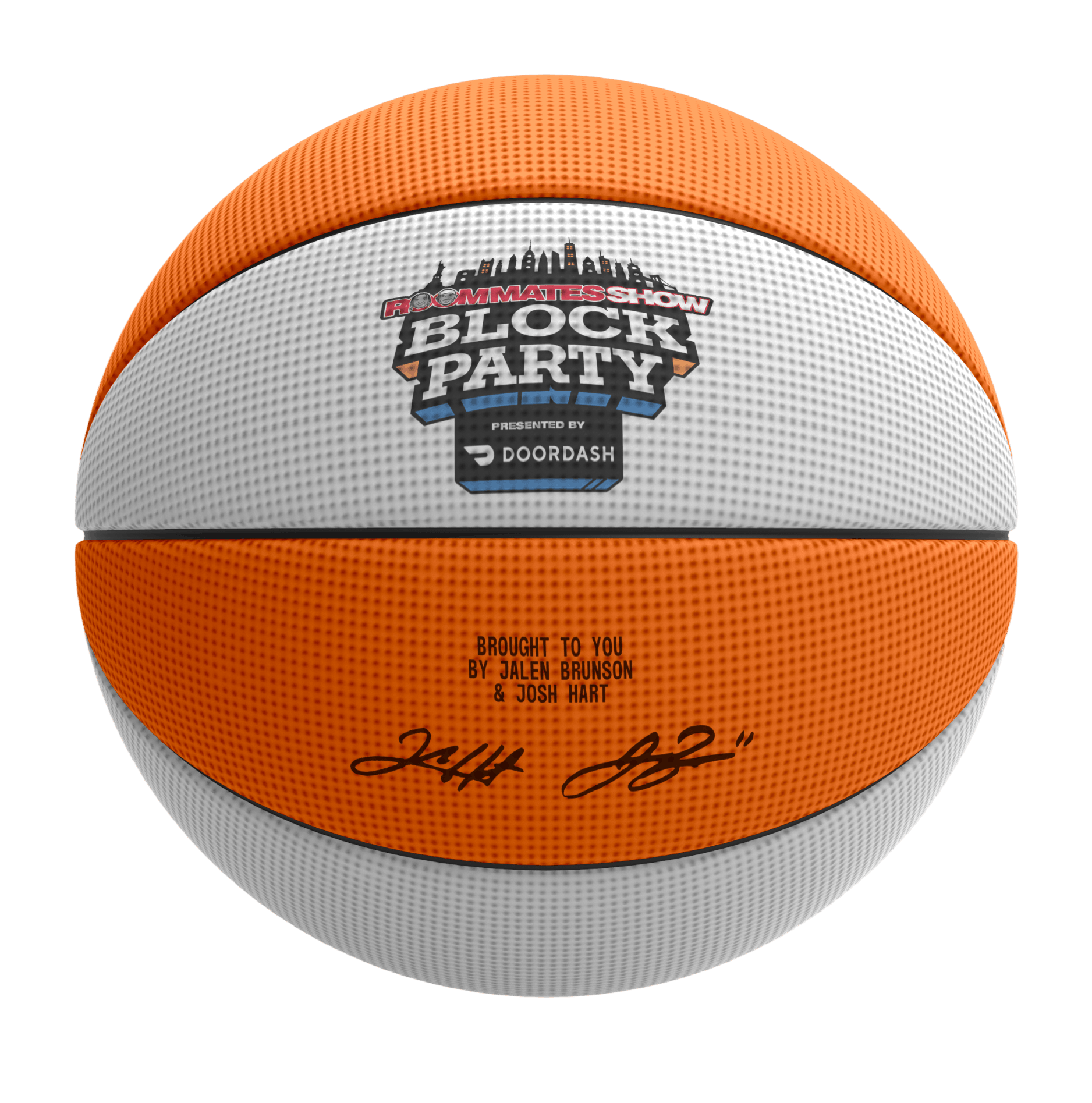 Basketball with a logo for the Rocketess Show Block Party, presented by DoorDash, and a signature at the bottom.