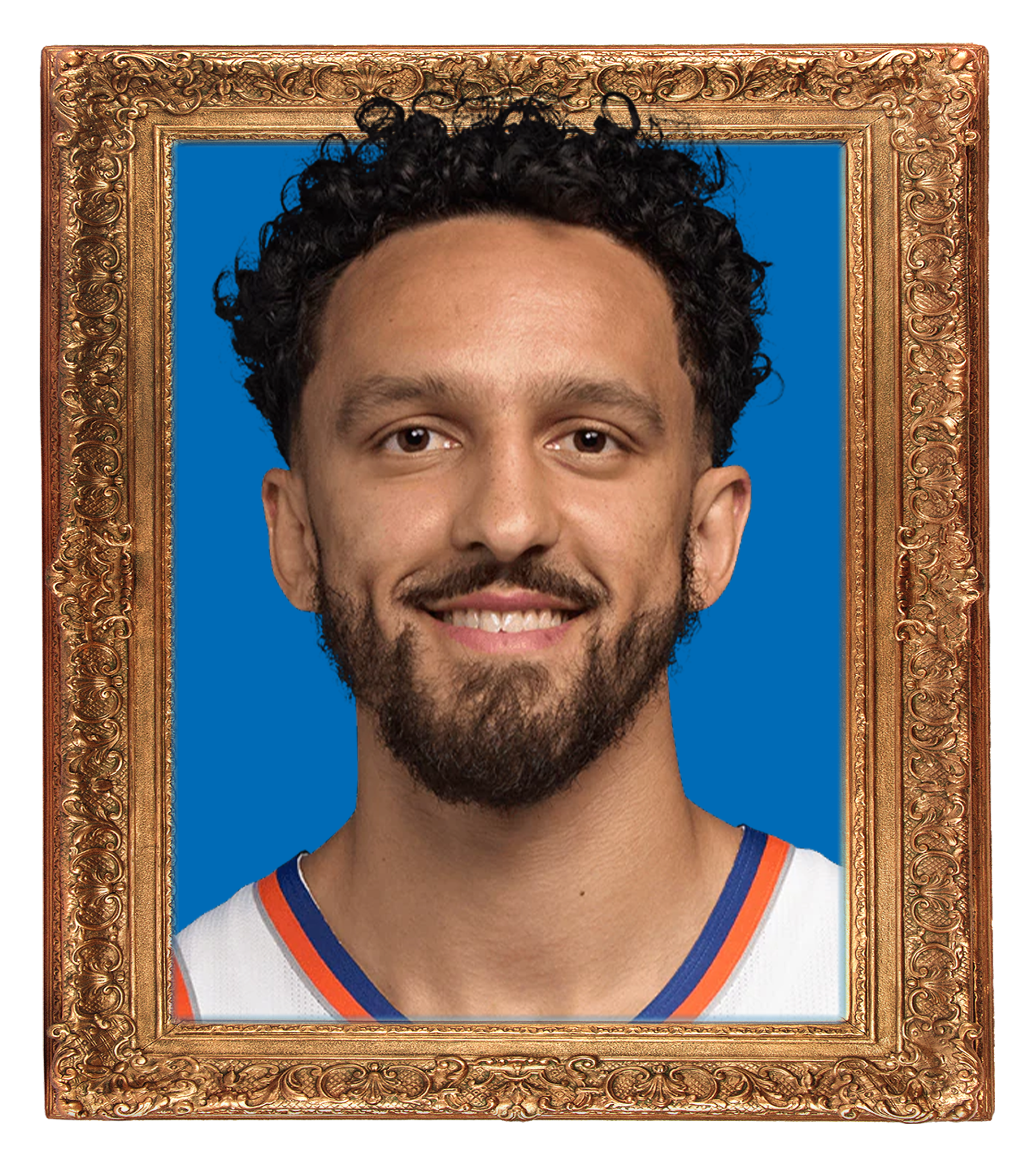Close-up of a young man's face, smiling, with curly dark hair and a beard, in a golden ornate frame, against a bright blue background, wearing a white sports jersey with orange and blue accents.