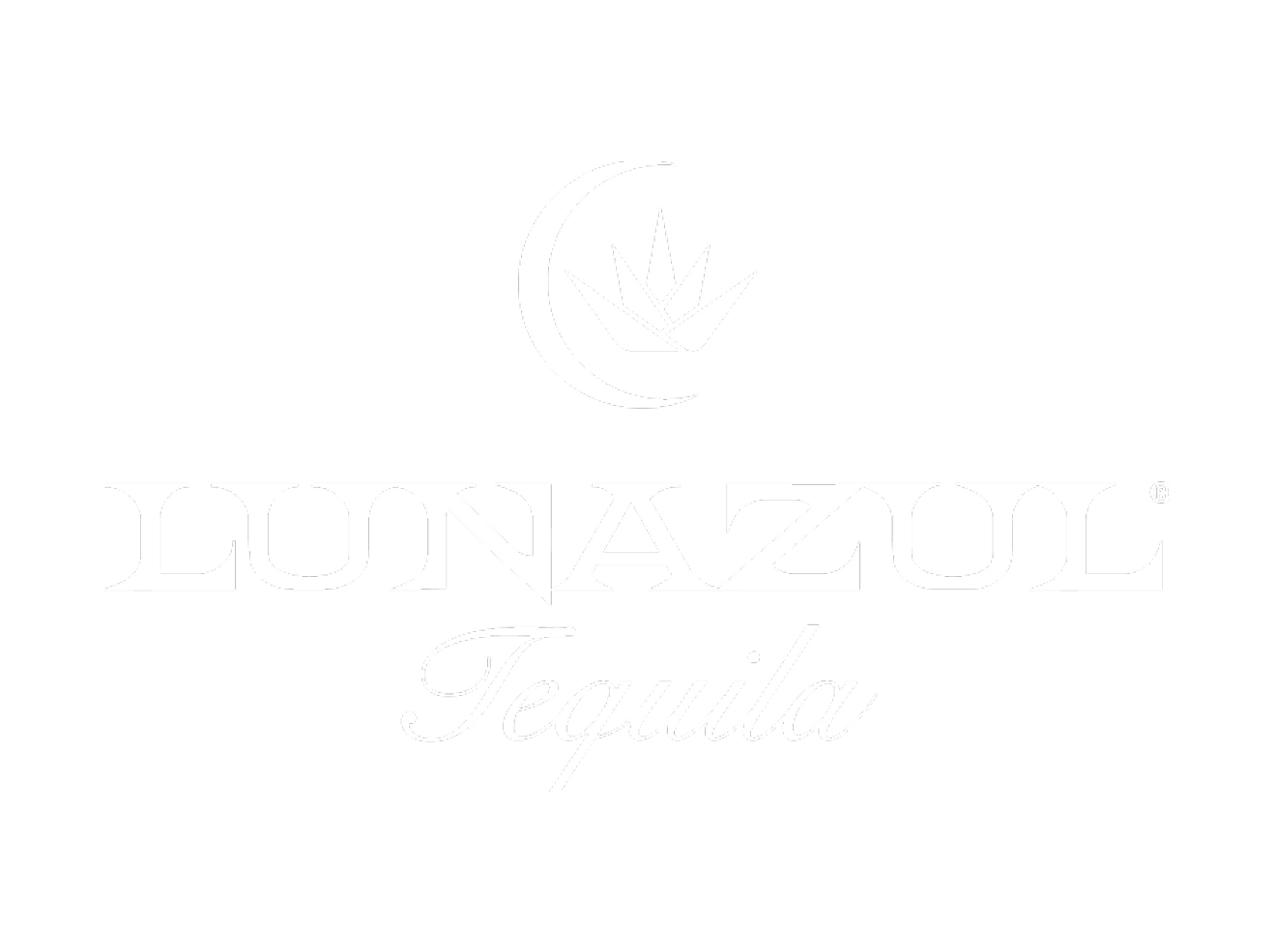 Black background with a white crescent moon and a stylized agave plant logo, with the text 'LUNAZUL' in large font and 'Tequila' in cursive below.