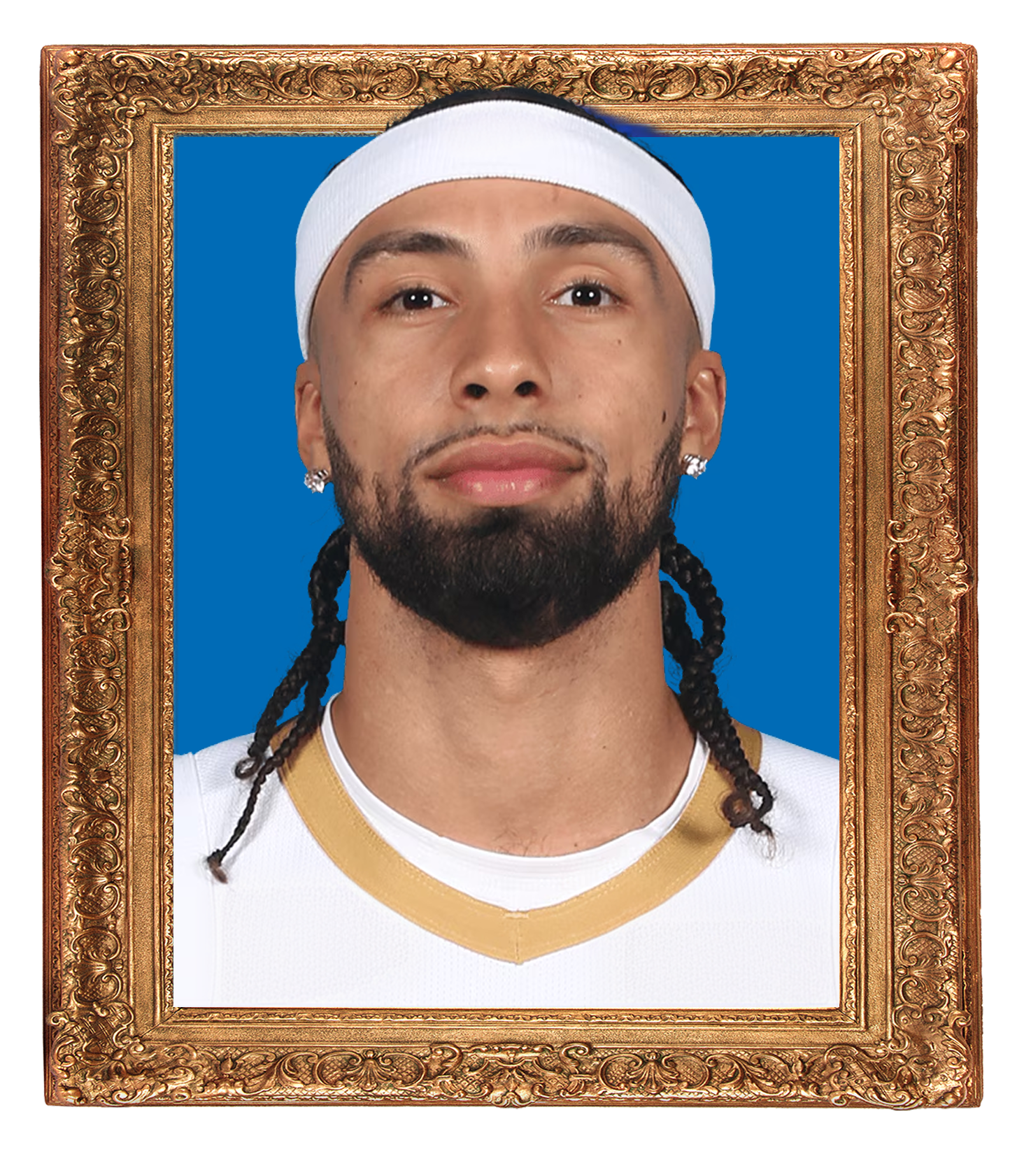 A man wearing a white sports jersey and a white headband, with braided hair, earrings, and a beard, is framed in an ornate gold picture frame against a blue background.