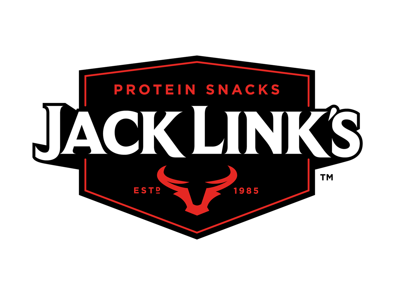 Logo for Jack Link's Protein Snacks, established 1985, featuring a stylized red bull's head and black background.