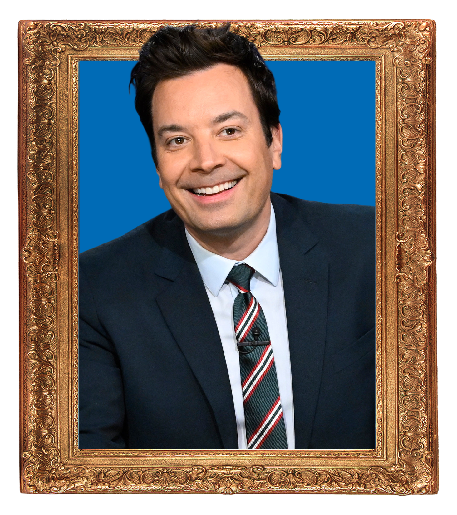 Portrait of a smiling man in a suit and striped tie, framed in an ornate gold picture frame against a blue background.