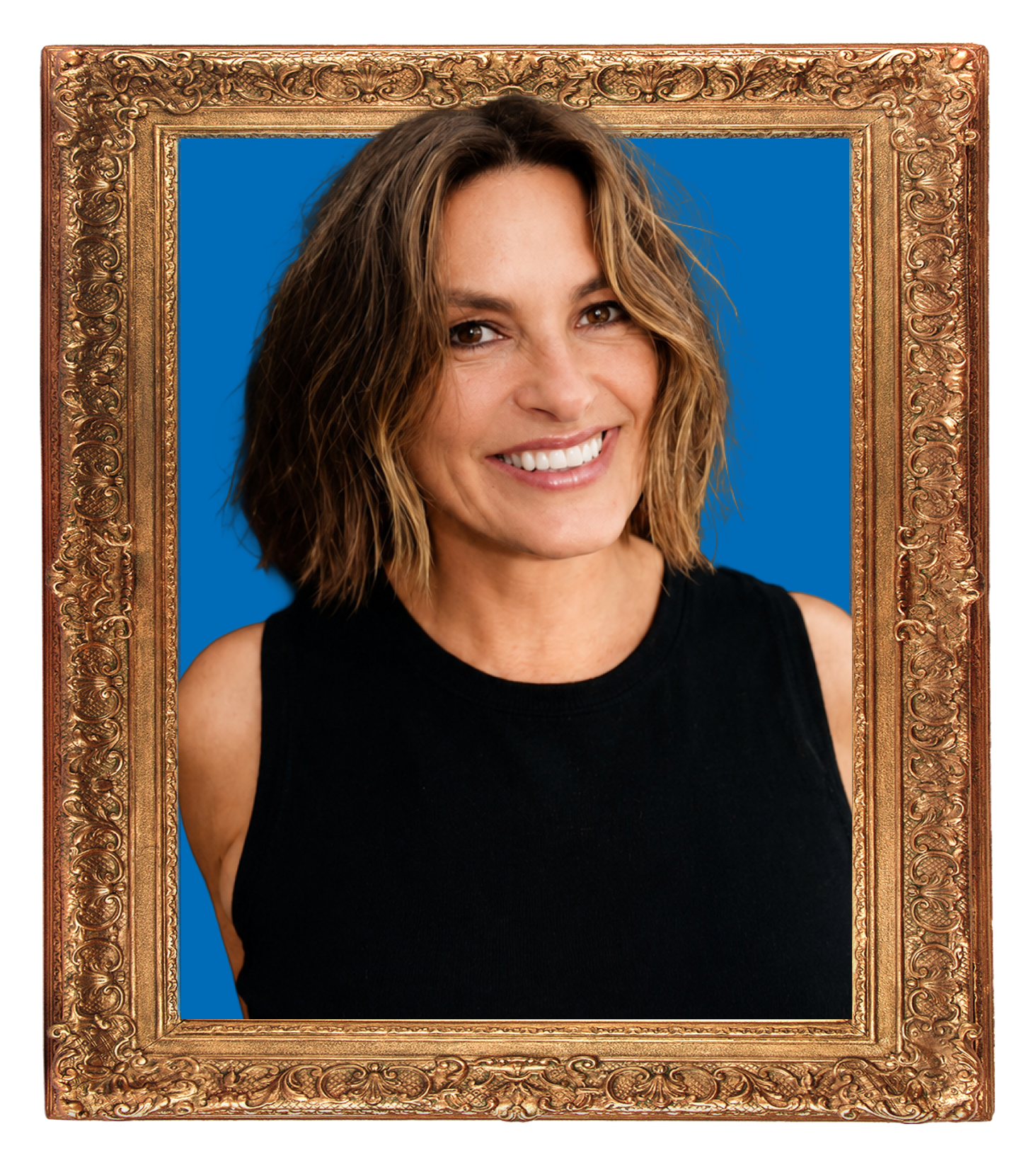 A smiling woman with shoulder-length wavy brown hair, wearing a black sleeveless top, inside an ornate gold frame against a blue background.
