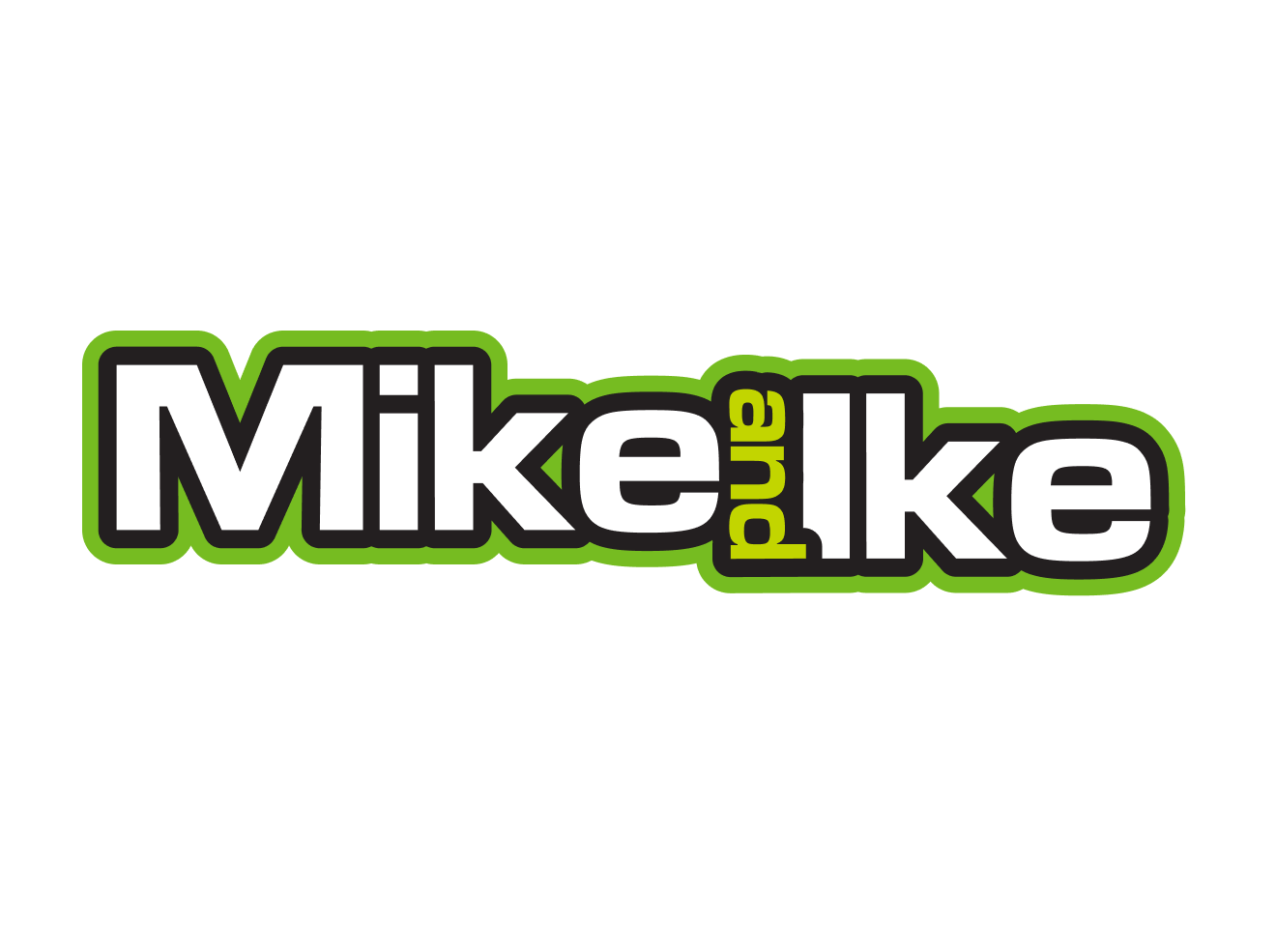 Logo for Mike and Ike brand with bold black text outlined in green, and the words 'and' in green vertically between 'Mike' and 'Ike'