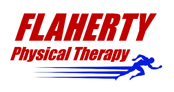 Logo for Flaherty Physical Therapy featuring red and black text with a blue running figure and horizontal lines.