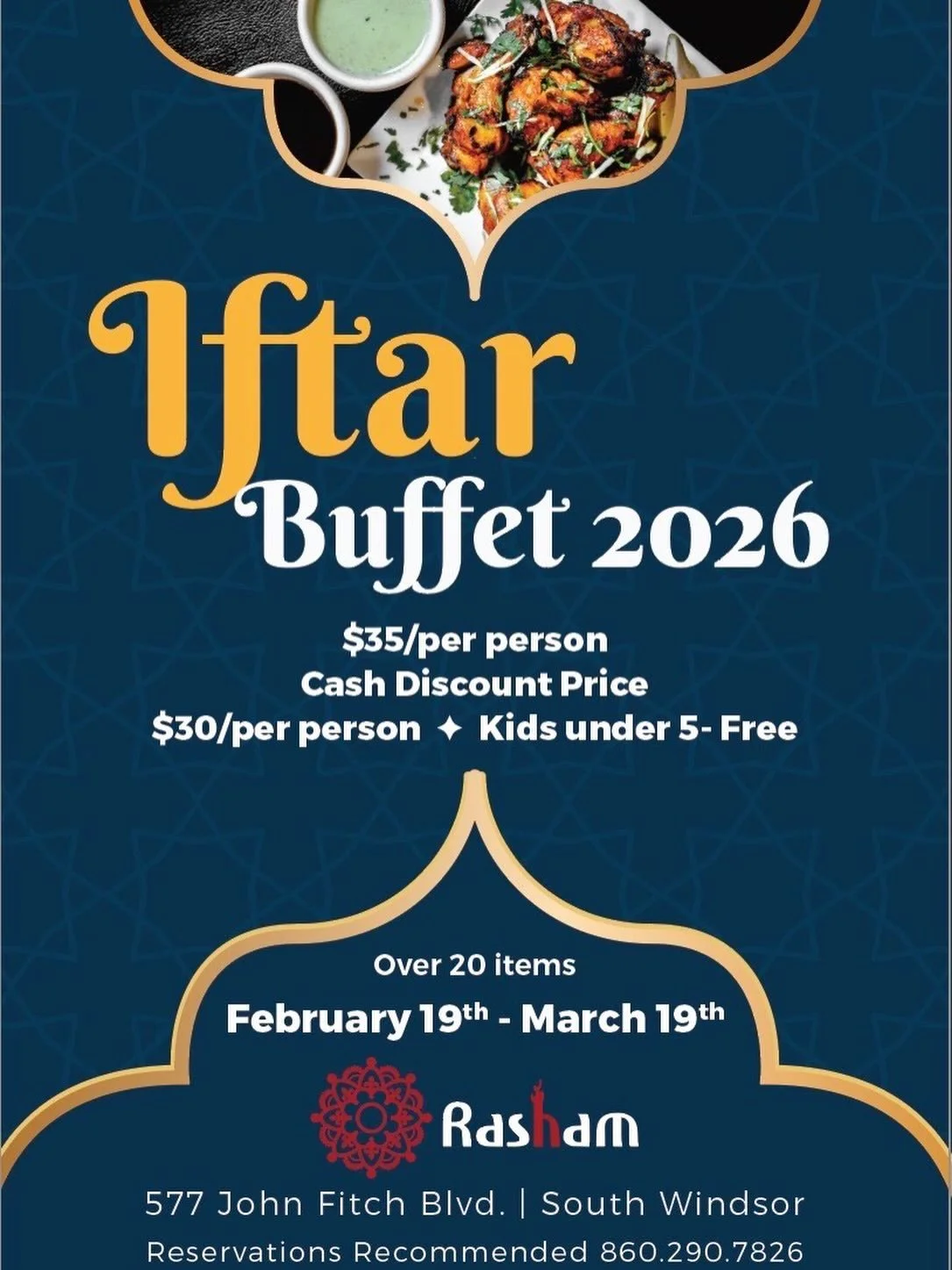 Ramazan Iftar Buffet 🌙
Join us for a large iftar buffet with 25+ dishes featuring a full spread of fresh, traditional favorites and house specialties. This is a big buffet built for a proper iftar &mdash; plenty of variety, great food, and a comfort