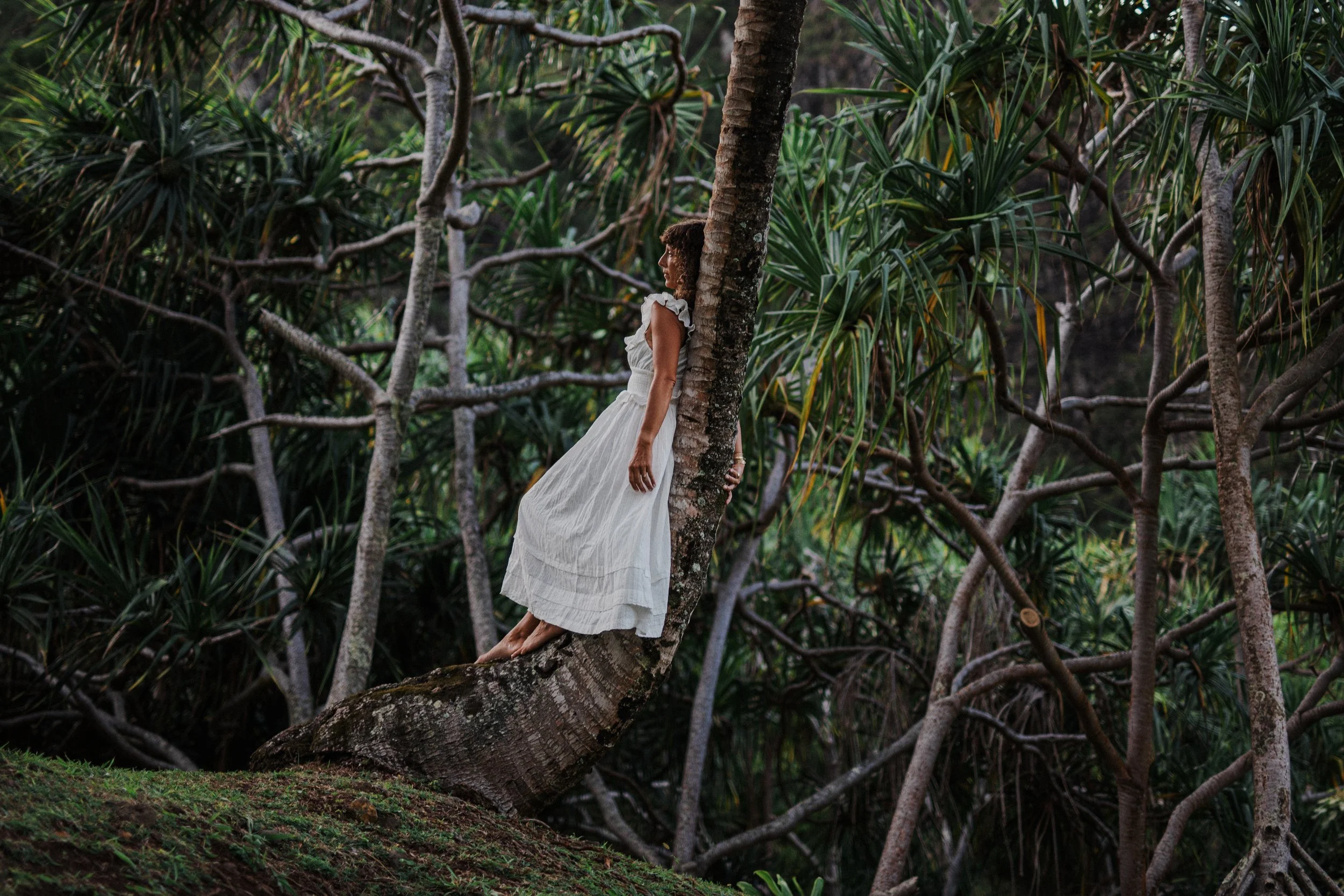 woman resting against a large tree in Hawaiʻi