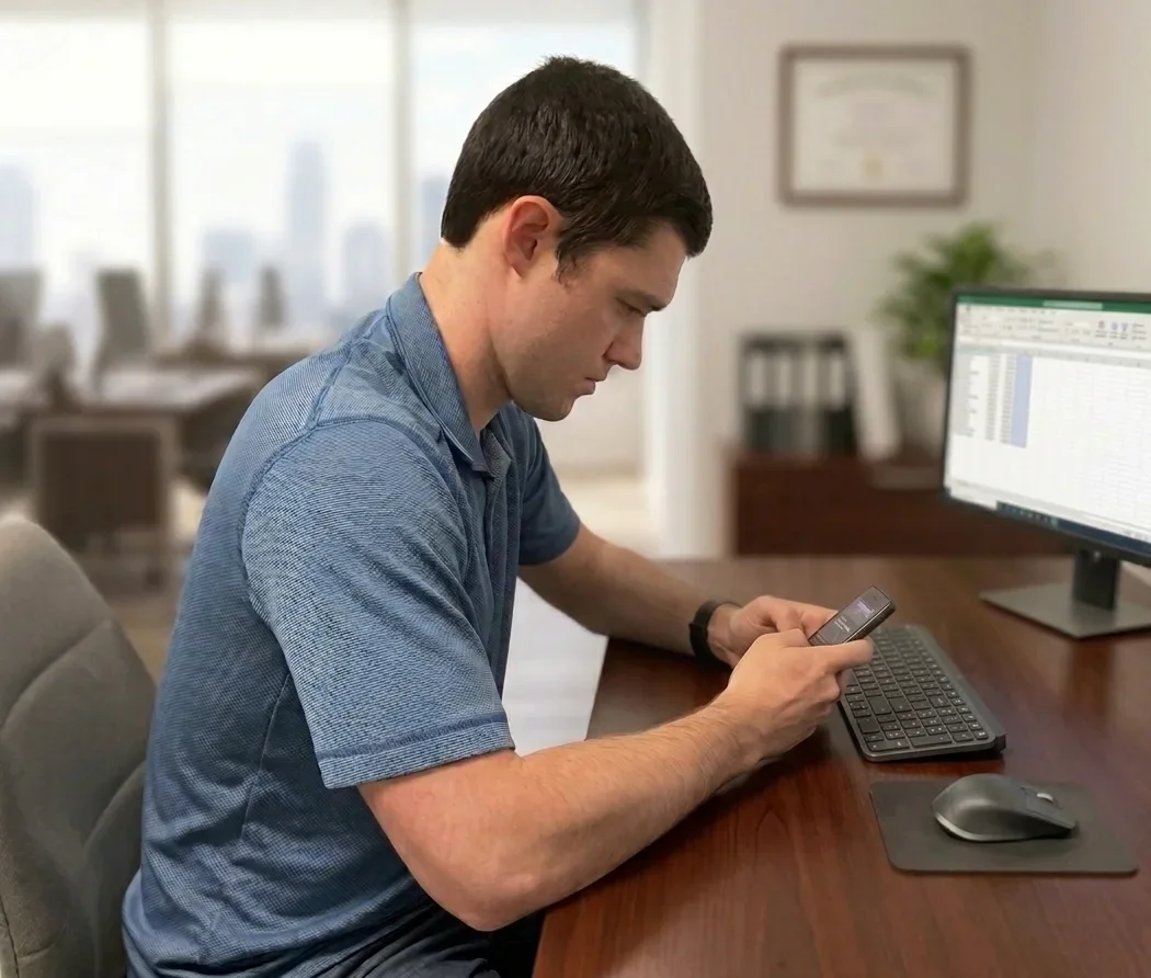 Physical therapist Andrew Cole sitting at a desk looking down at smartphone, demonstrating forward head posture associated with text neck and tech neck