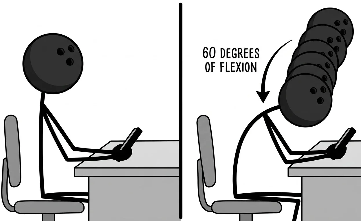 Illustration comparing neutral head position weighing 10-12 pounds to 60 degrees of neck flexion equivalent to 60 pounds, based on Hansraj 2014 mathematical model