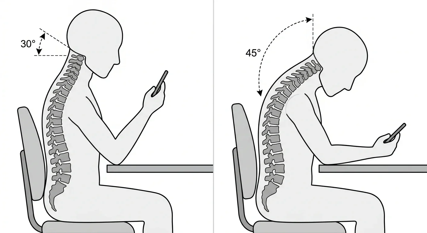 Anatomical illustration comparing 30-degree and 45-degree forward head posture during smartphone use, showing spinal curvature changes at different neck flexion angles