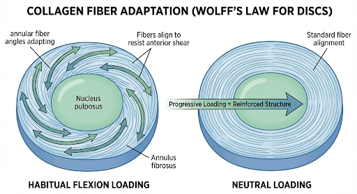 Microscopic view of intervertebral disc tissue showing structural adaptation to mechanical loading