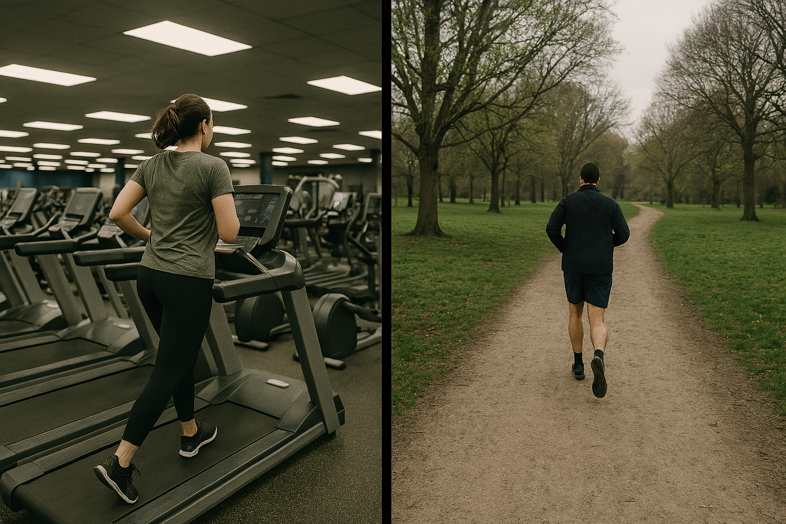 Side by side comparison of a woman running on a treadmill indoors and a man running on an outdoor trail in a park