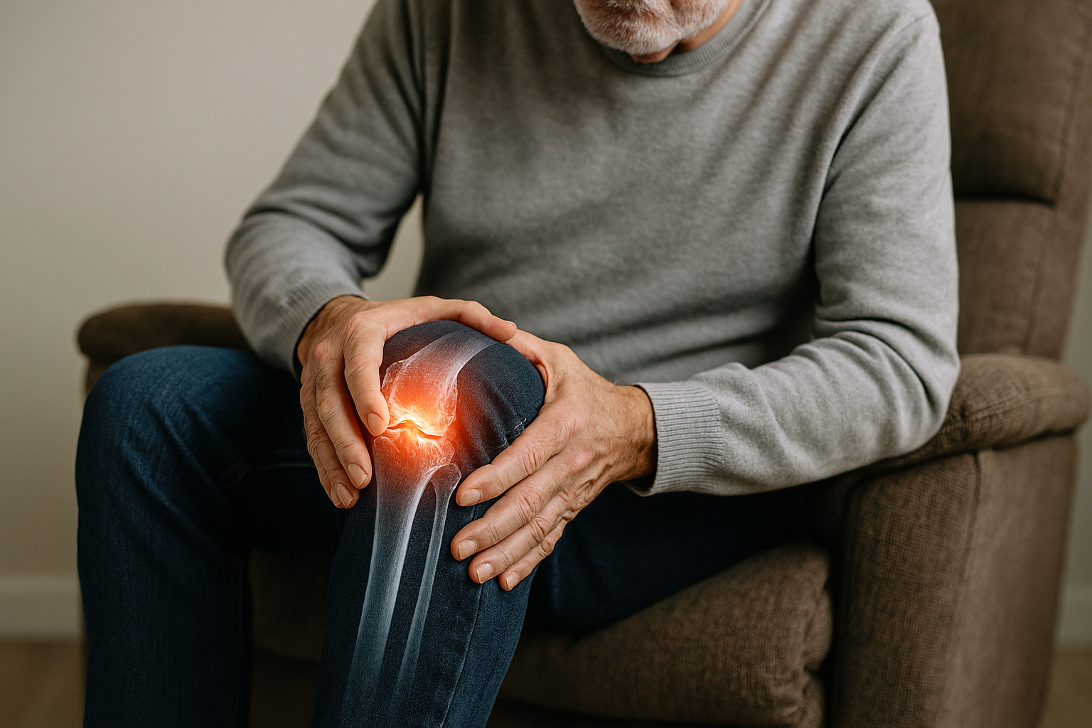 Older man holding his knee with an illustrated x-ray overlay showing knee joint inflammation related to knee pain and osteoarthritis