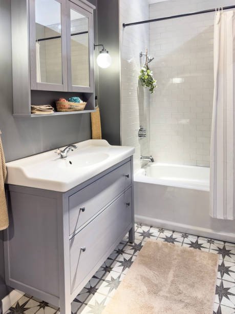 Modern bathroom with gray vanity, white sink, wall mirror cabinet, black wall sconce, bathtub with shower, hanging plant, patterned floor tiles, and beige bath mat.