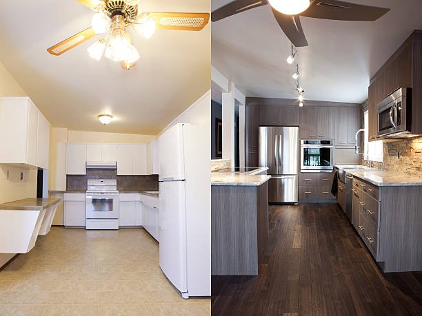 Side-by-side comparison of a before-and-after kitchen renovation, showing a transition from an outdated, white kitchen to a modern, gray kitchen with stainless steel appliances.
