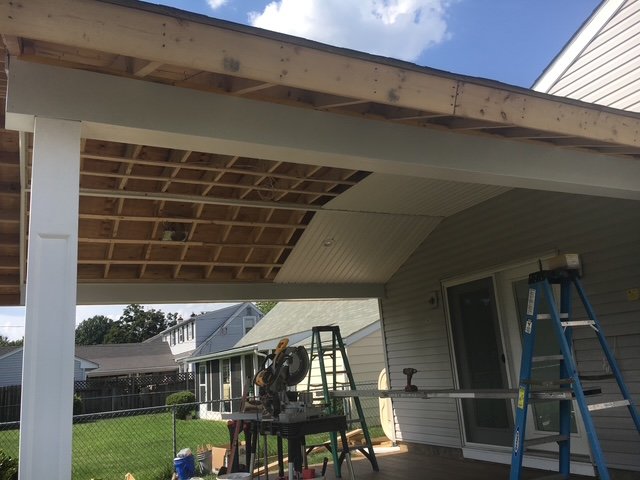 Under construction porch with exposed roofing framework, ladders, and construction tools in a backyard.