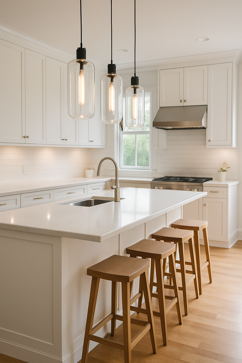 Modern kitchen with white cabinets, a white countertop island with four wooden bar stools, pendant lights hanging above, a window with a view outside, and a stainless steel stove and range hood.