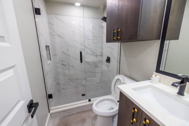 Modern bathroom with a glass shower enclosure, a toilet, and a vanity with a sink and mirror.