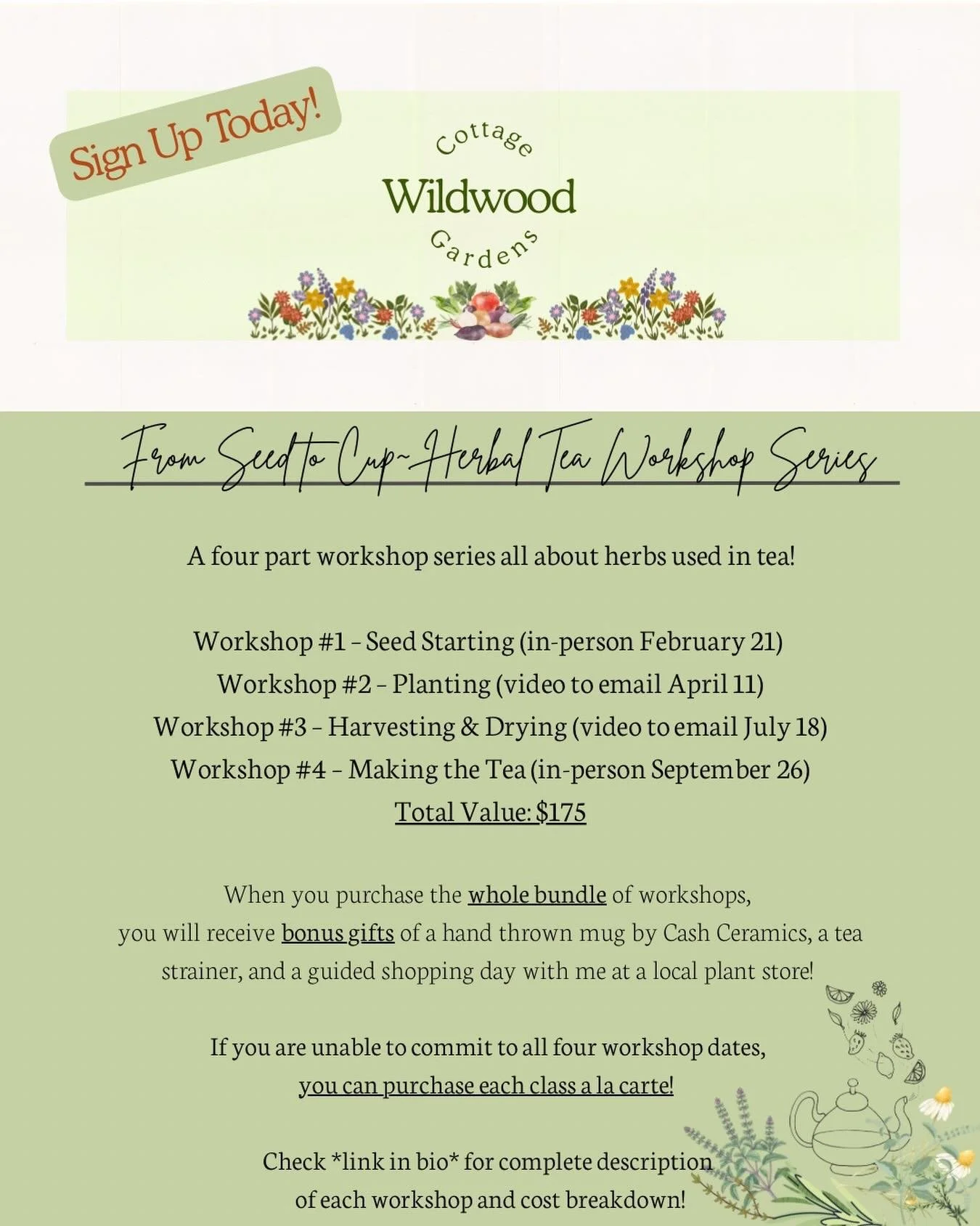 Here&rsquo;s a breakdown of the herbal tea workshops! Be sure to sign up while space is still available! Hope to see you and a friend there! #herbalteaworkshop #herbaltea #drinkhottea #athensga #wildwoodcottagegardens
