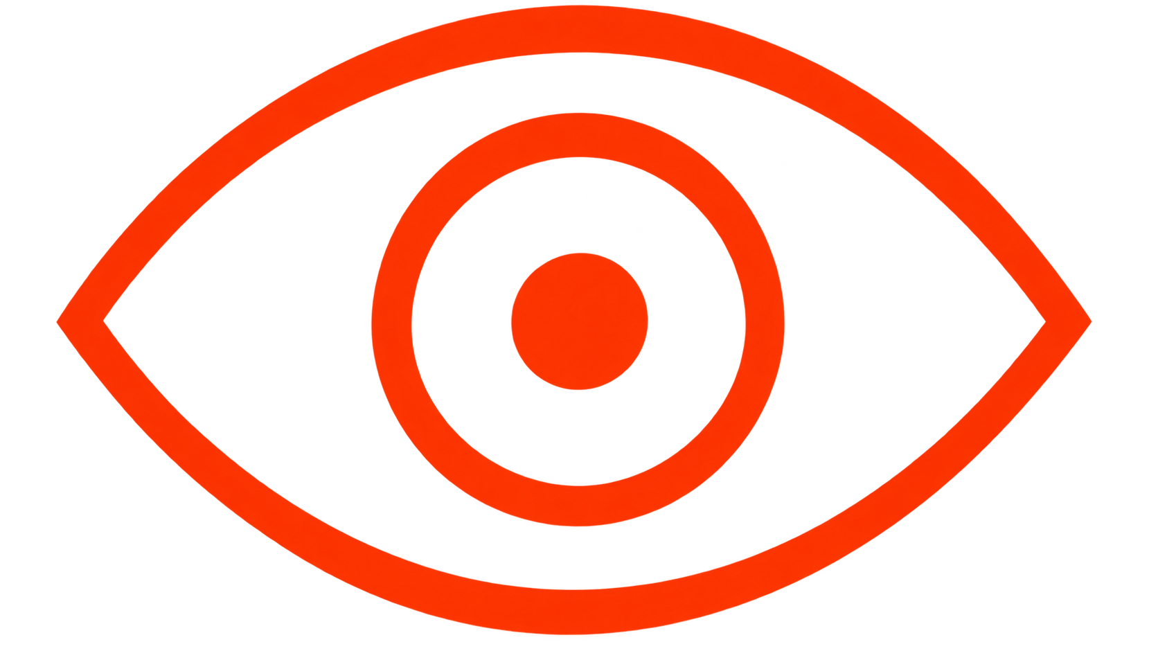 A stylized red eye with concentric circles in the center and an arrow pointing right, creating a bold eye symbol.