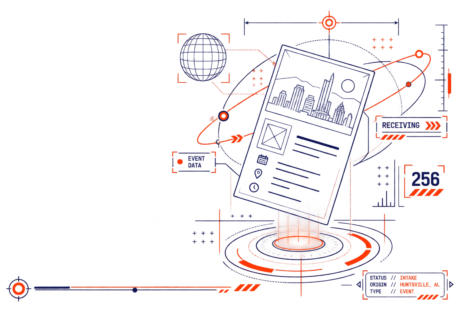 Technical illustration representing a Huntsville event submission being transmitted to WhyNotHuntsville.