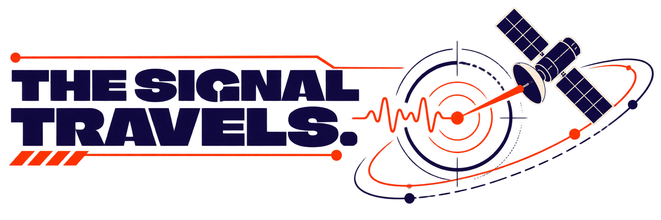 Logo for The Signal Travels featuring a satellite orbiting a red circular signal with waveforms in the background.