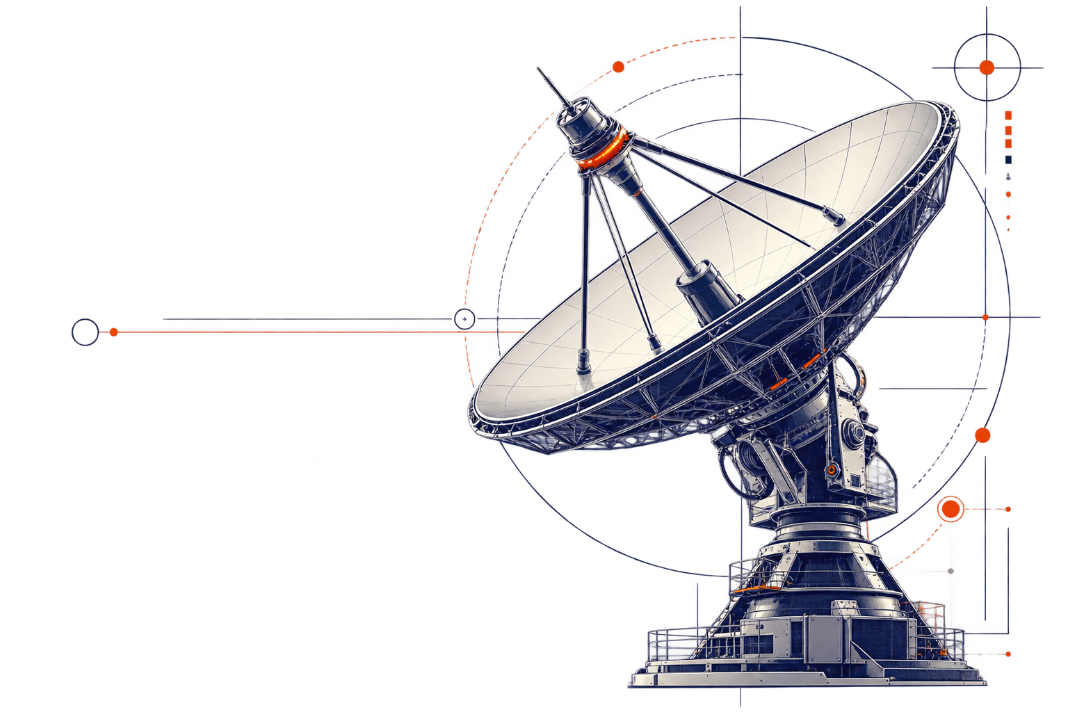 Digital illustration of a large radio telescope dish with a robot arm extending from the side, set against a futuristic, dark background with glowing orange and blue lines and circles.