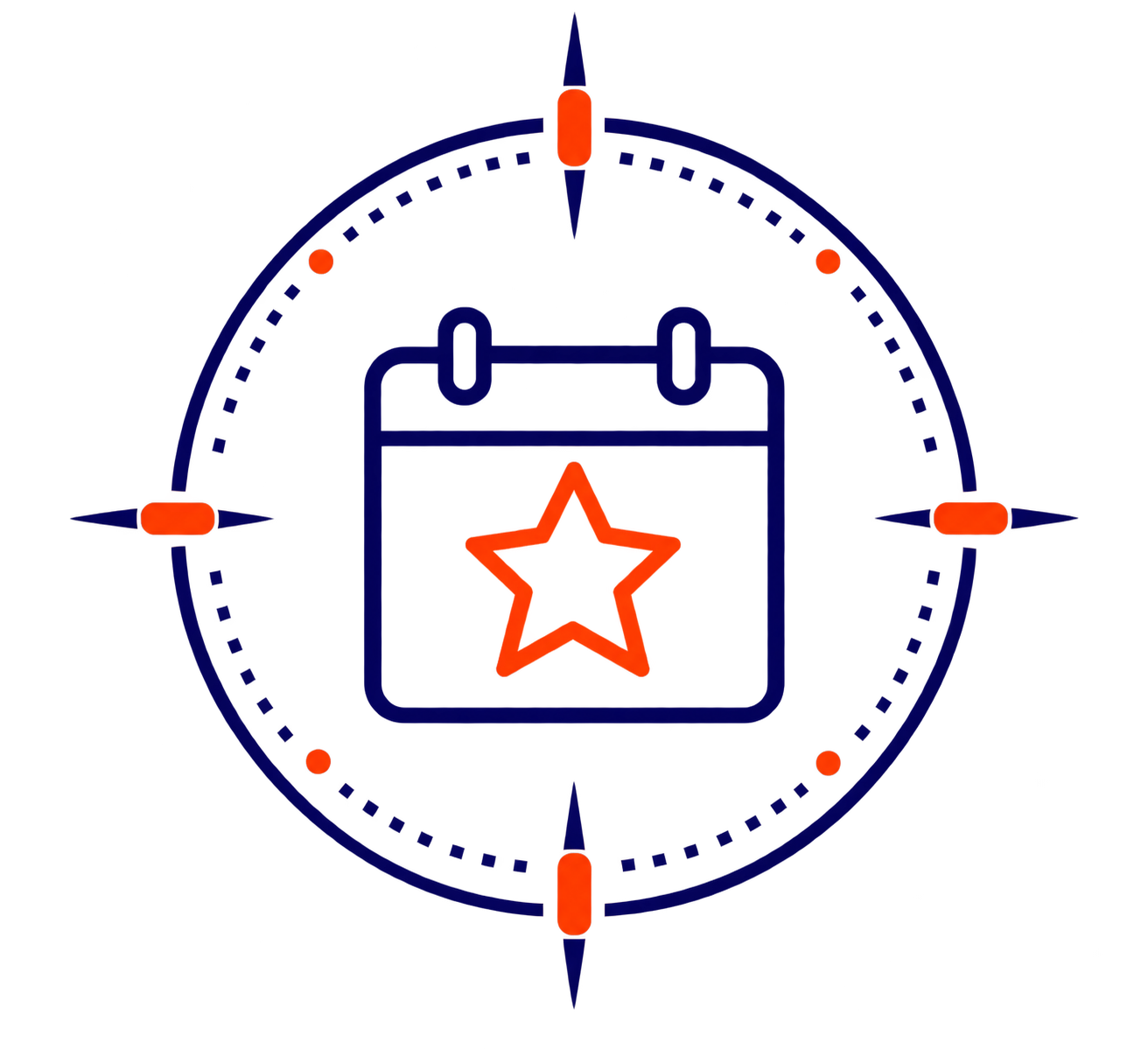 A graphic of a clock with a star on a calendar inside it, representing scheduling or booking with a star symbol for favoriting or highlighting.