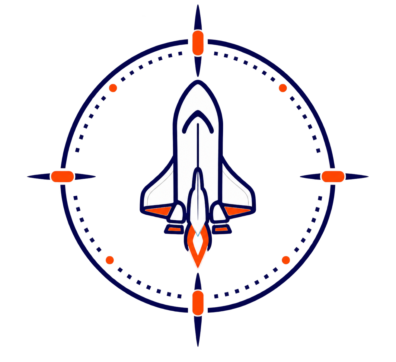 Illustration of a spaceship or rocket inside a circular target or scope with red and blue markings.