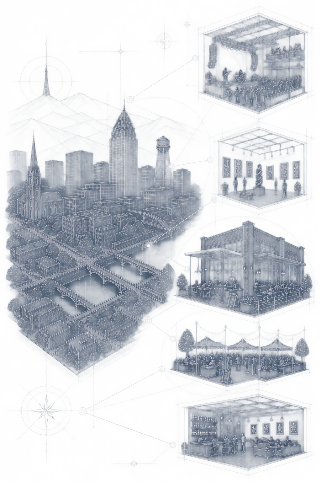 Blueprint-style illustration of Huntsville’s cityscape, culture and local experiences connected through WhyNotHuntsville.