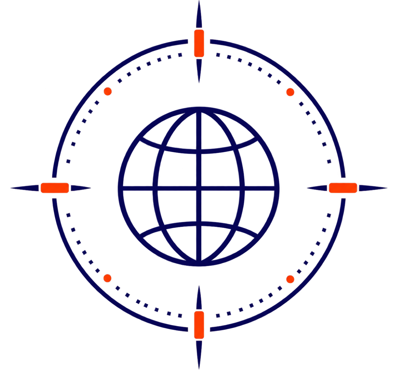 Digital illustration of a clock with a globe in the center, showing the time at 12:00, with red highlights at the 3, 6, 9, and 12 o'clock positions and a black background.