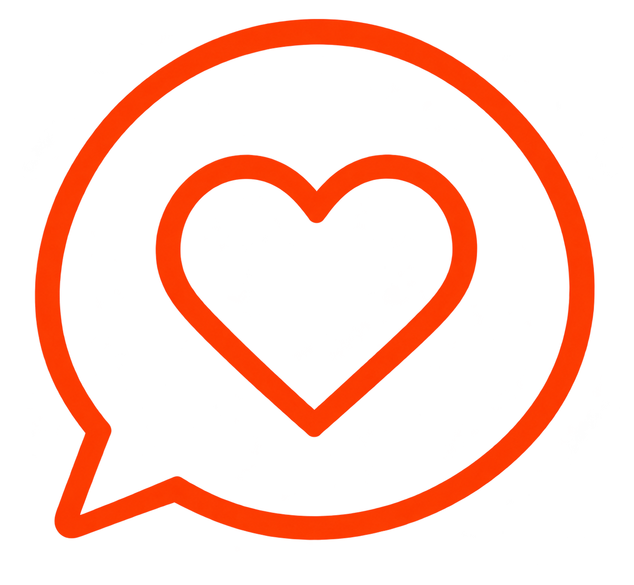 Red speech bubble with a heart shape inside, symbolizing love or care.