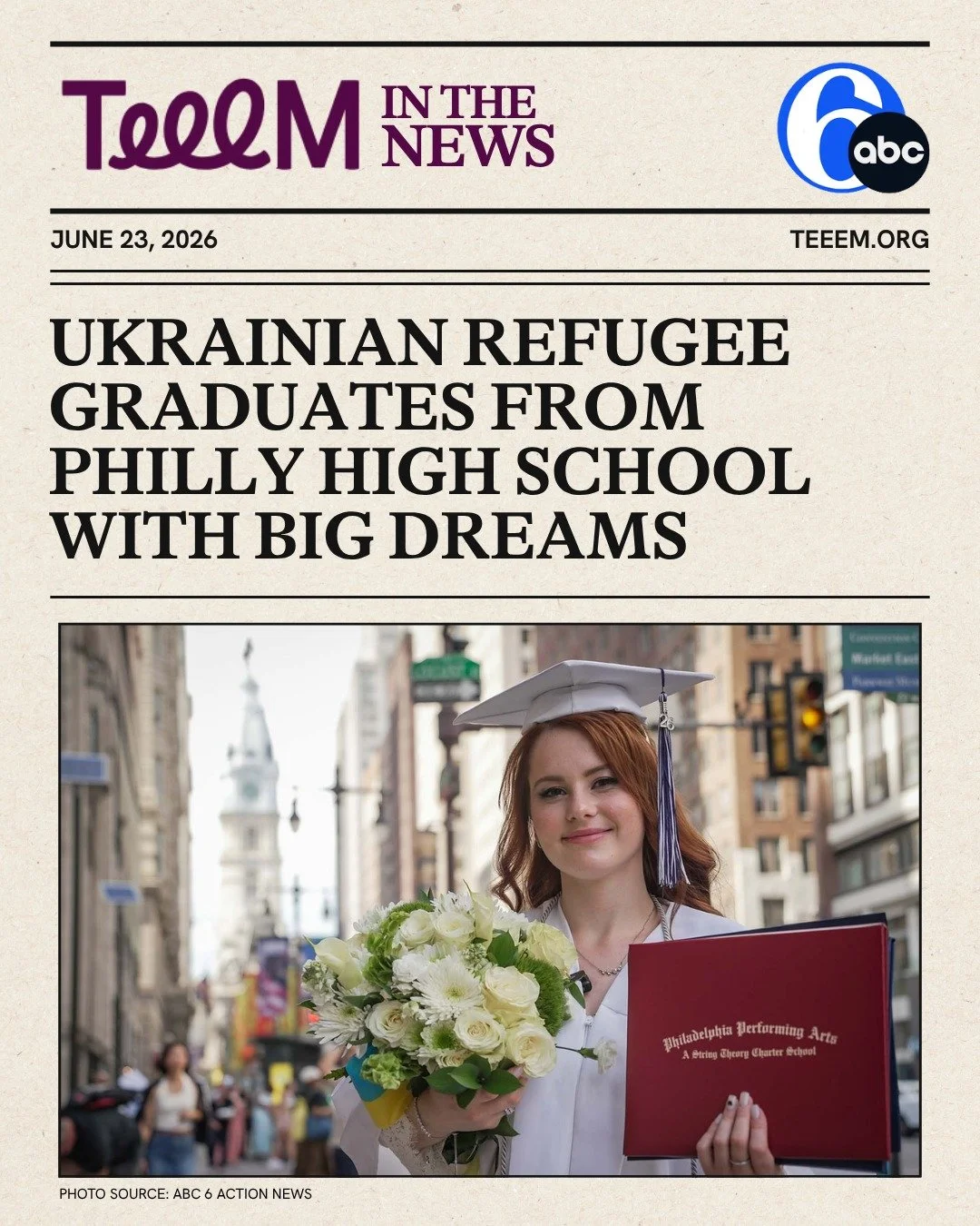 TEEEM was featured on ABC 6 Philadelphia as part of the inspiring story of Maria Steblyna, a Ukrainian refugee whose resilience, leadership, and determination are creating meaningful change. 💙💛

As a student at String Theory School of Design, Maria