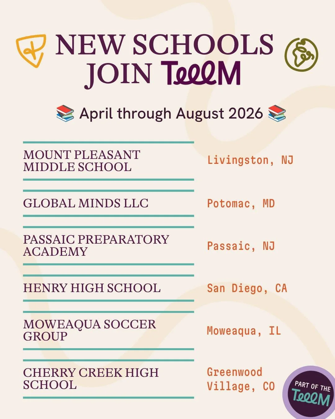More schools. More students. More opportunities to turn empathy into action. 💛🌍

We&rsquo;re excited to welcome the newest schools joining the TEEEM community:

✨ Mount Pleasant Middle School - Livingston, NJ
✨ Global Minds LLC - Potomac, MD
✨ Pass