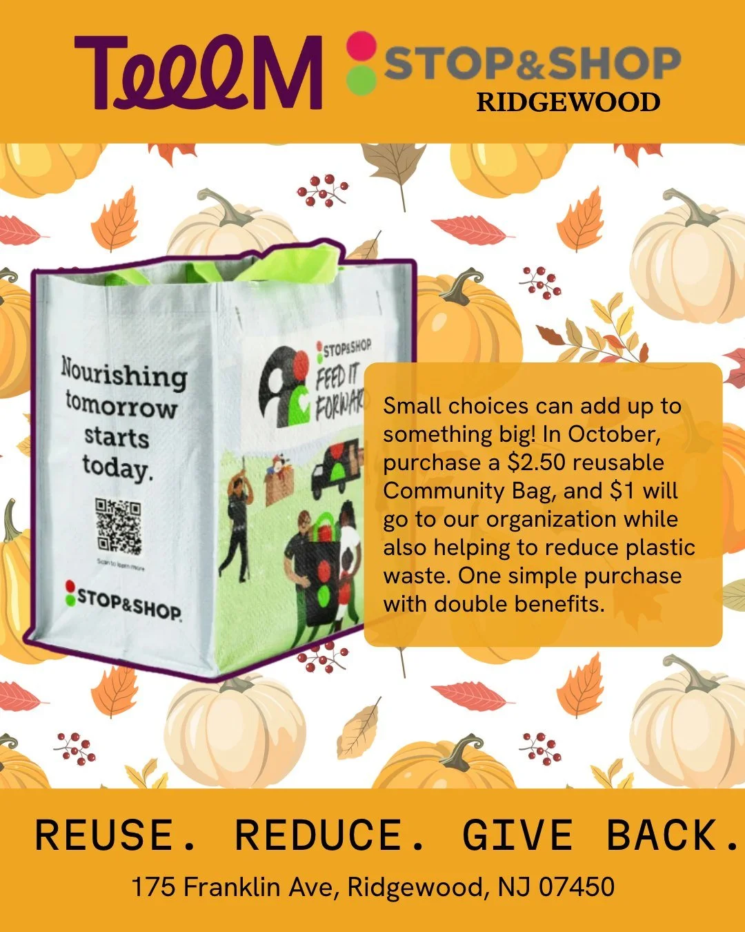 Shop with purpose this October! 🍂

TEEEM has been selected as a beneficiary of the Stop &amp; Shop Community Bag Program at the following location: Ridgewood (175 Franklin Ave).

For every $2.50 reusable Community Bag purchased throughout October, T