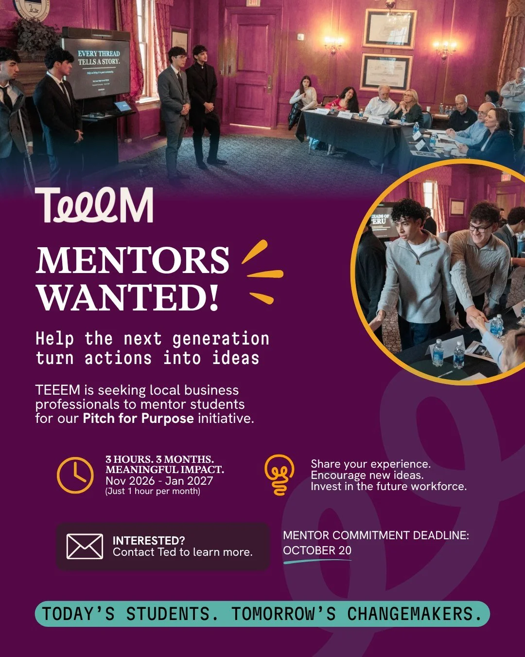 📣 Calling local business professionals: TEEEM students need your expertise!

This fall, our students are taking their ideas from concept to pitch through Pitch for Purpose, and we&rsquo;re looking for mentors to help guide them along the way.

With 